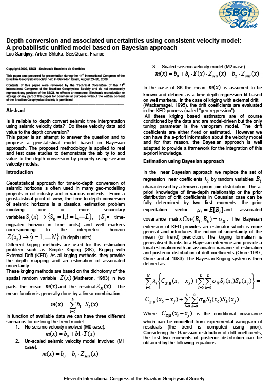 Sbgf 2009: Depth Conversion And Associated Uncertainties Using Consistent Velocity Model: A Probabilistic Unified Model Based On Bayesian Approach