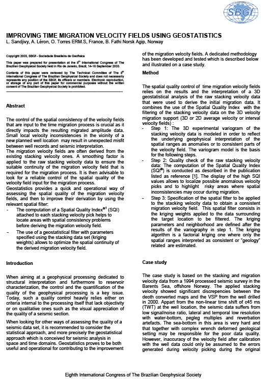 SBGF 2003: Improving The Time Migration Velocity Fields Using Geostatistics