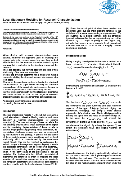 SBGF 2011: Local Stationary Modeling for Reservoir Characterization